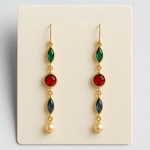 1970s Vintage Austrian Crystal Gold Plated Drop Earrings Multicolor Dangle Pearl